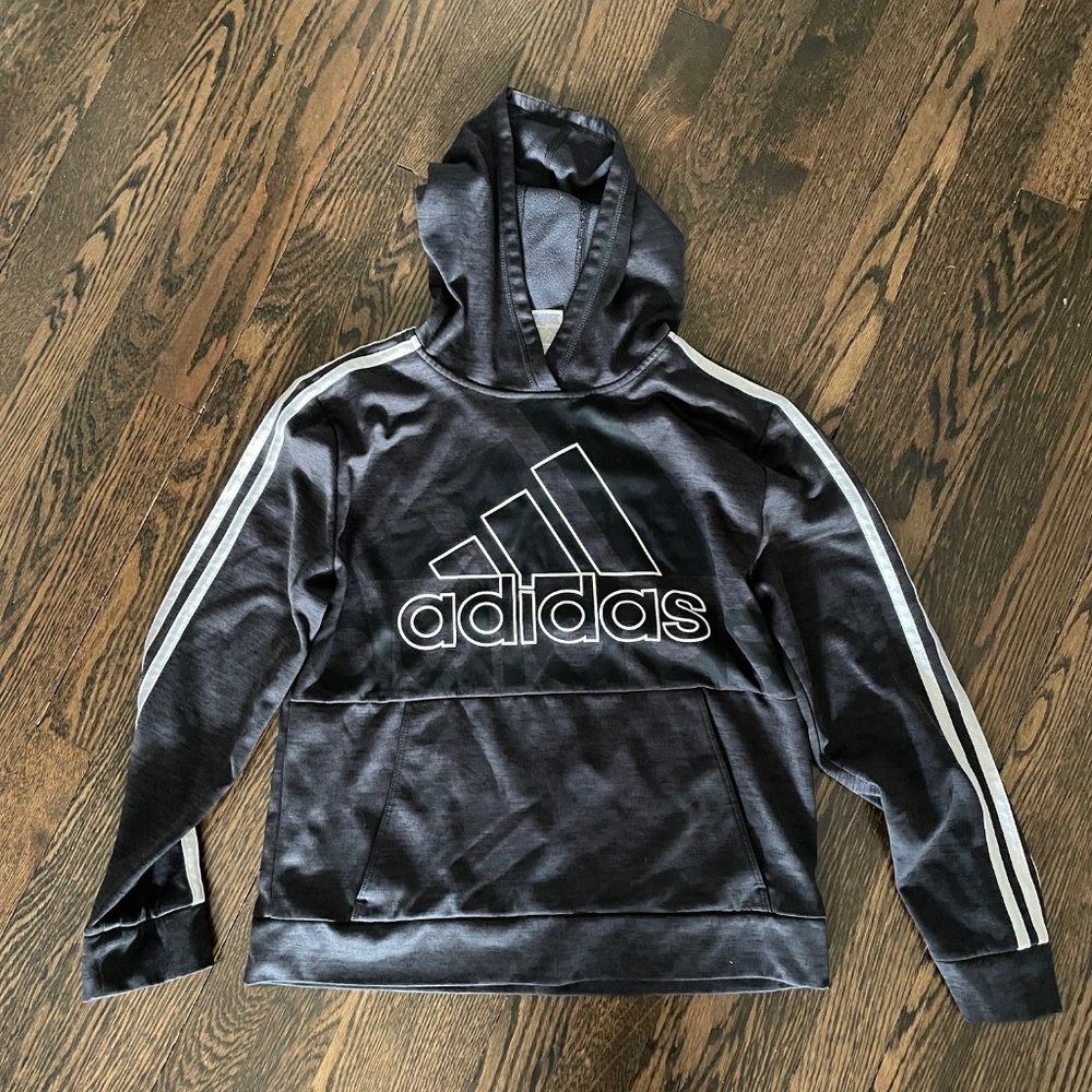 Adidas Boy's BOS Fleece Hoodie Black/White Pullover Kangaroo Pouch